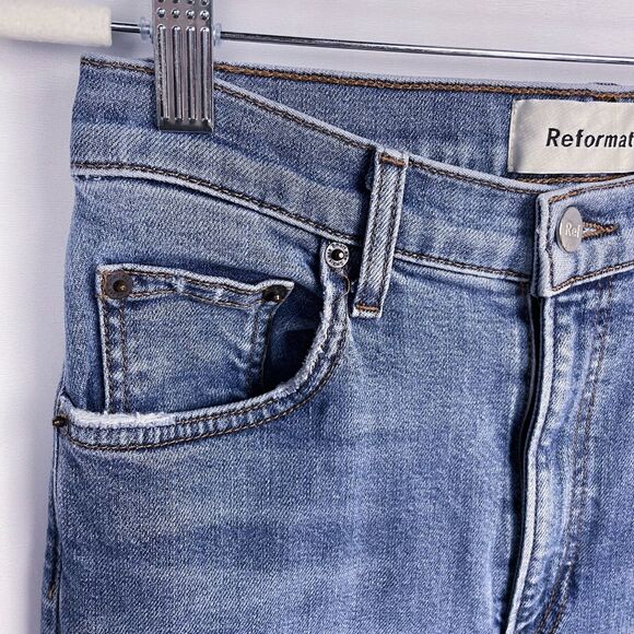 Reformation Jeans Size 27 Blue Denim High & Skinny Rhine Wash Distressed Biker - Picture 5 of 16